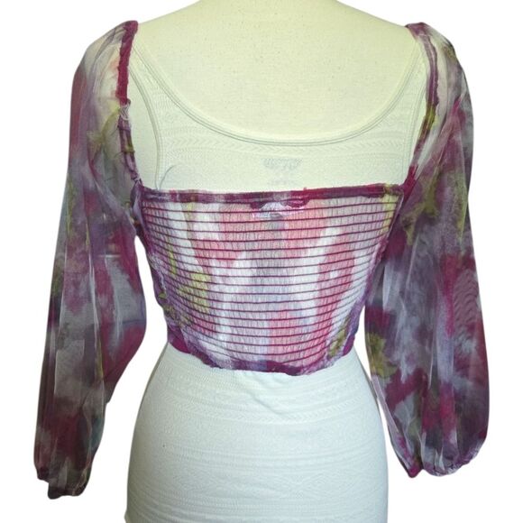 Pink Floral Ruched Crop Blouse W 3/4 Sleeves - M - Picture 8 of 10